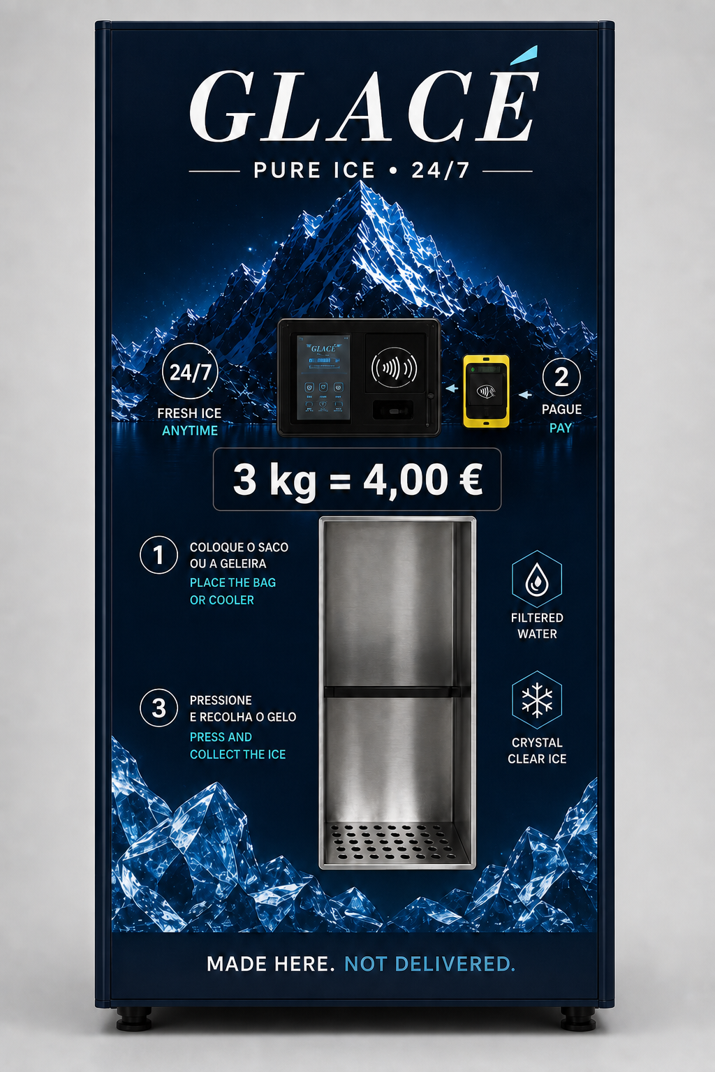 Frente da máquina GLACÉ: ecrã, terminal contactless, preço 3 kg = 4,00 € e compartimento de recolha em inox